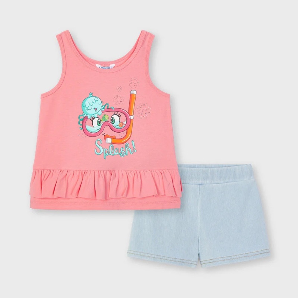 Size 2 Mayoral Pink Ruffle Tank Top and Light Blue Shorts Set